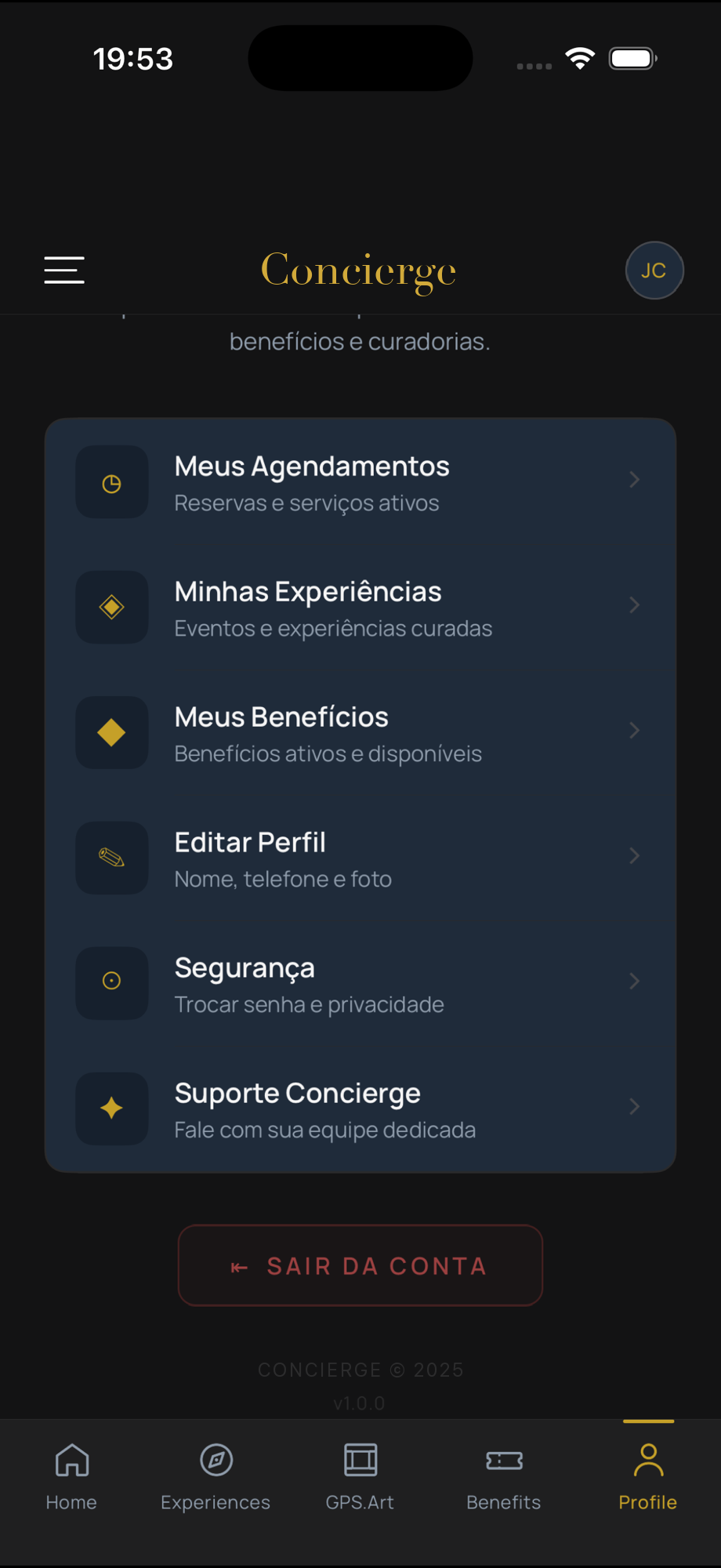 Tela de conta: lista de acessos (agendamentos, experiências, benefícios, perfil, segurança, suporte)