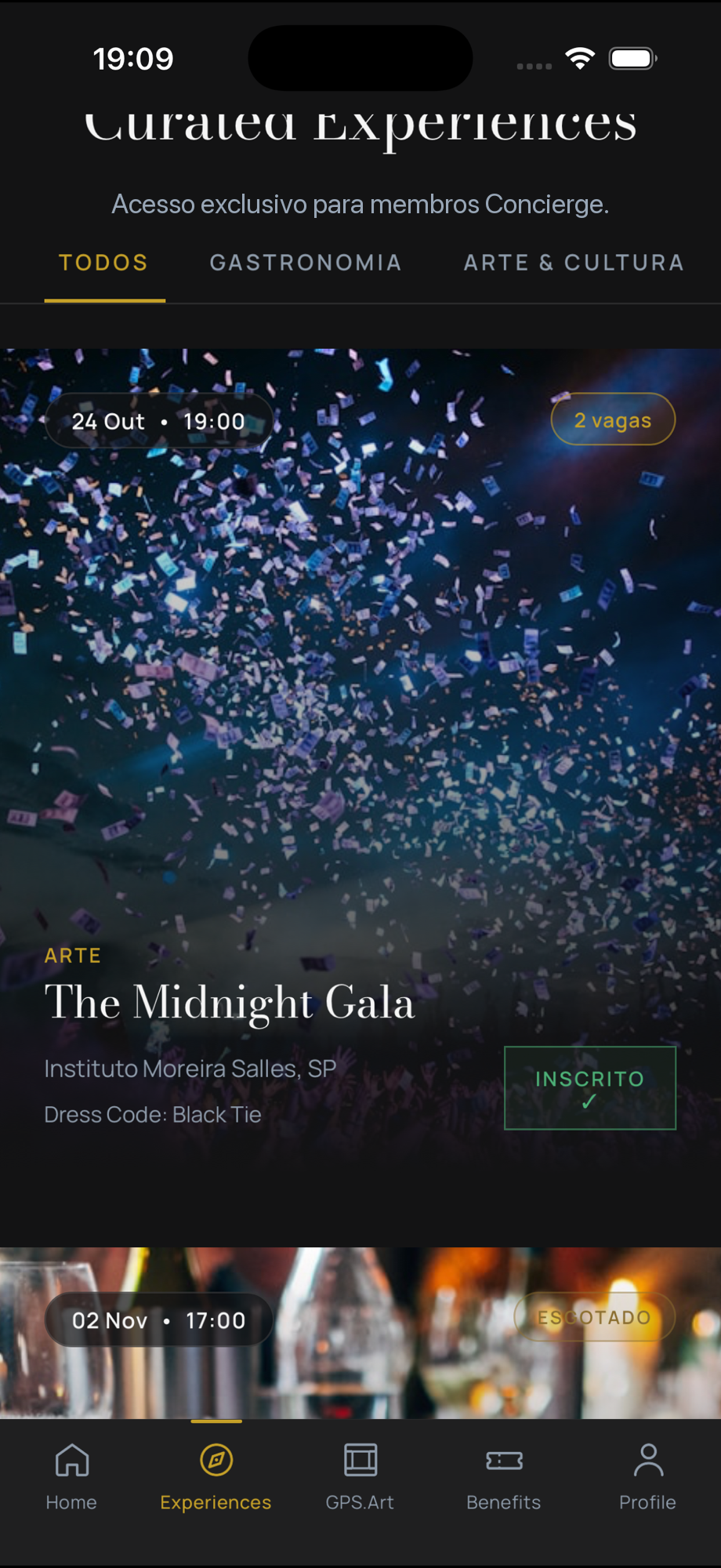 Tela de experiências: agenda de eventos exclusivos com data, vagas e status de inscrição
